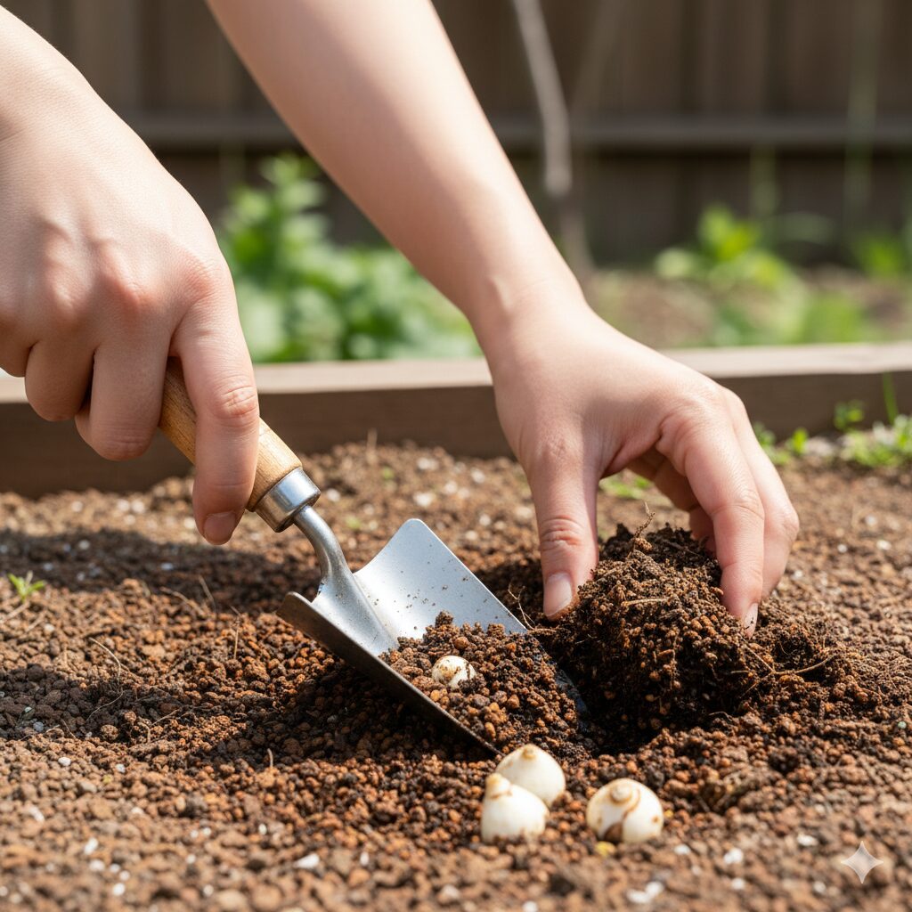 ムスカリ 球根 保存3 スコップを使って土の中から慎重に掘り起こされるムスカリの球根