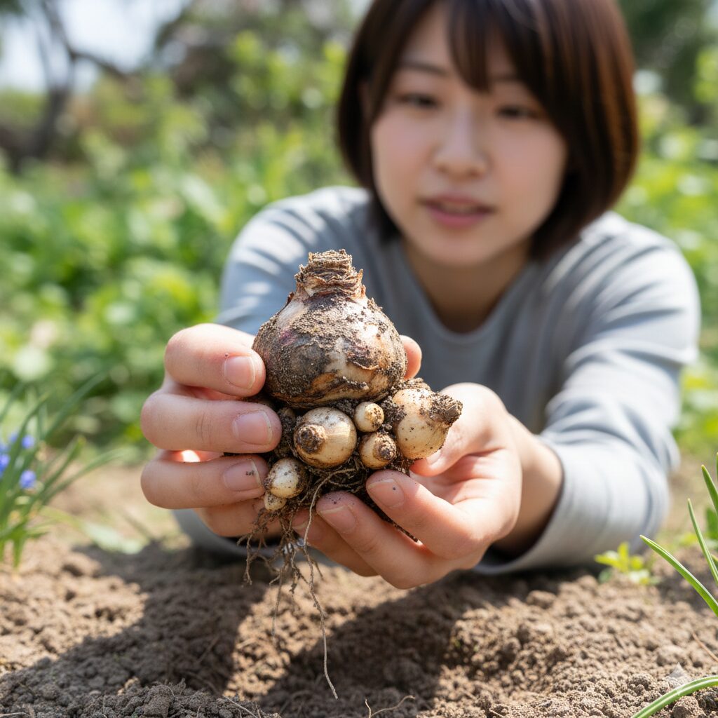 ムスカリ 球根 保存4 親球の周りに小さな子球が付着した分球直後のムスカリの球根