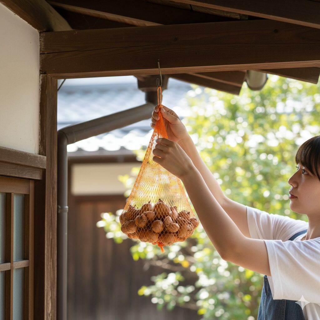 ムスカリ 球根 保存6 風通しの良い日陰で玉ねぎネットに入れて吊るし保存されるムスカリの球根