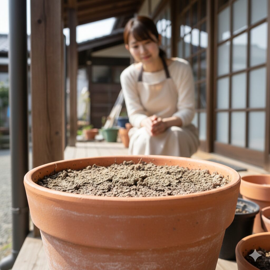 ムスカリ 球根 保存7 雨を避けて涼しい場所で断水して夏越しさせているムスカリの鉢植え