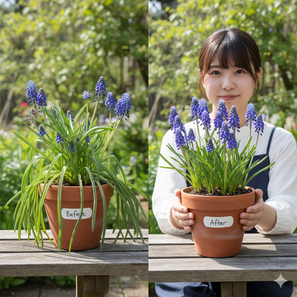 ムスカリ 球根 保存8 葉が伸びすぎた徒長状態のムスカリと理想的な花姿の比較イメージ