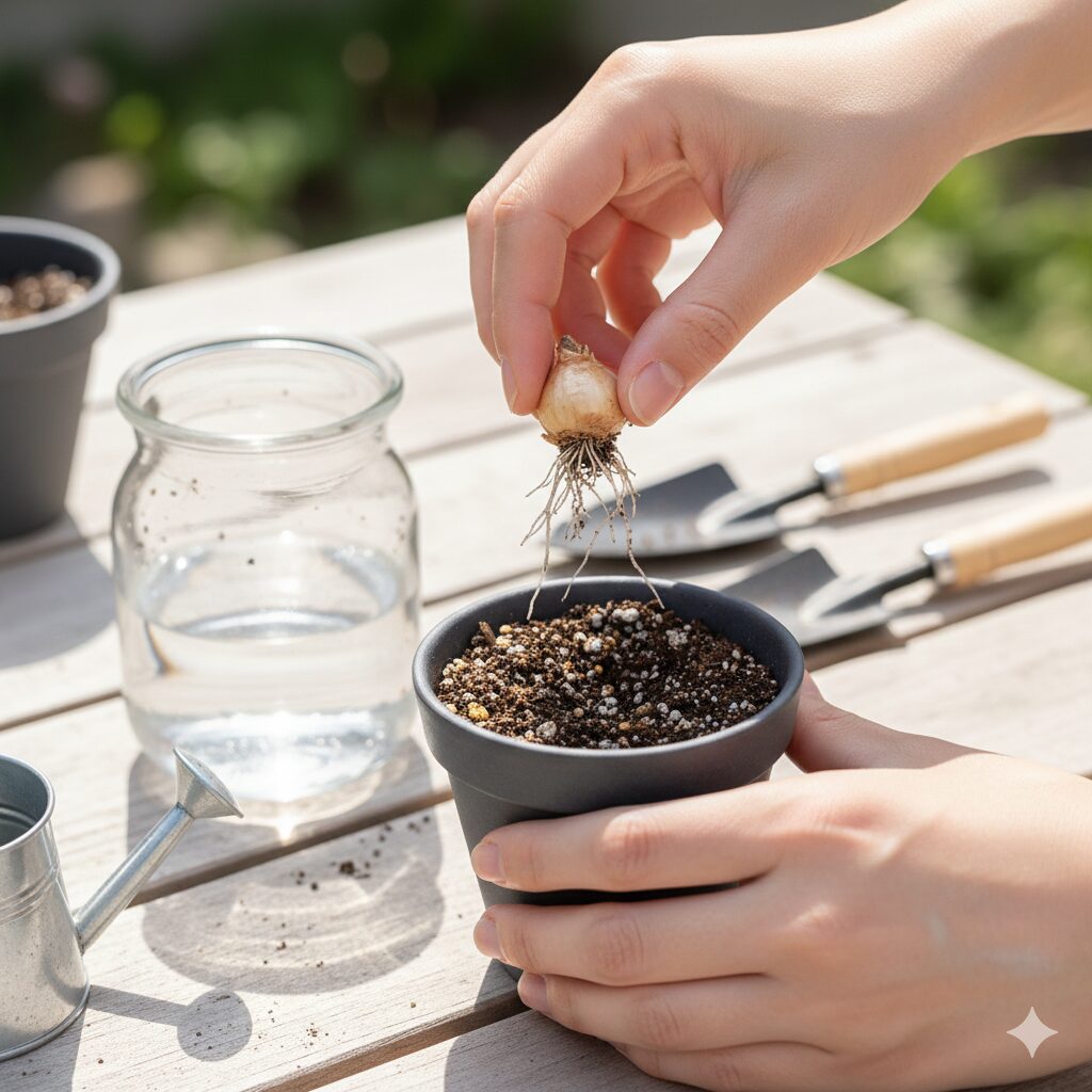 ムスカリ 球根 保存9 水耕栽培を終えたムスカリの球根を復活させるための土への植え替え作業