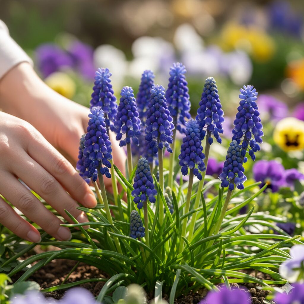 ムスカリ 葉が長い1　春の庭に咲く理想的な草姿のムスカリの花房と引き締まった緑の葉