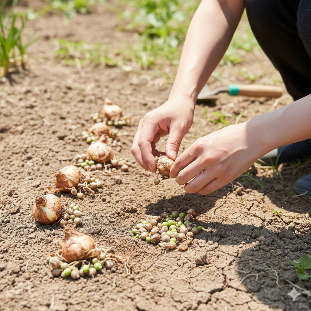ムスカリ 葉が長い10 6月頃に掘り上げたムスカリの球根と子球を整理して保存する様子
