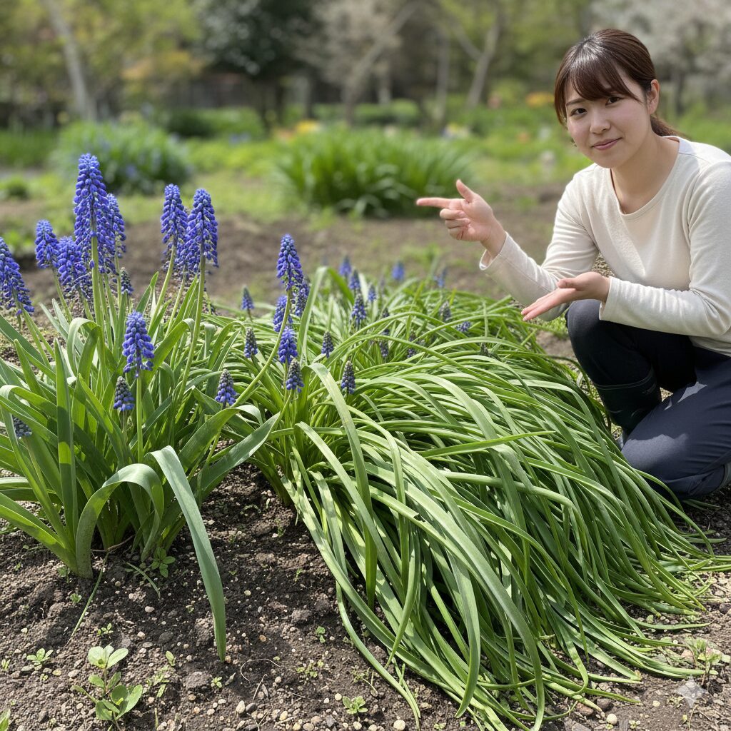 ムスカリ 葉が長い2 葉が長く伸びすぎてニラのような状態になり花が埋もれたムスカリ