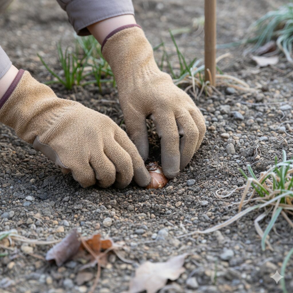 ムスカリ 葉が長い3 葉の伸びすぎを防ぐために12月の遅い時期にムスカリの球根を植え付ける様子