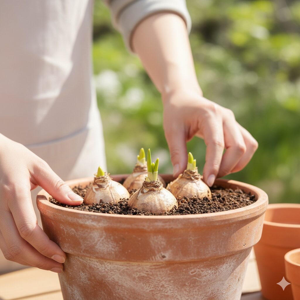 ムスカリ 葉が長い5 鉢植えでムスカリの球根をあえて浅く植え付けた状態のイメージ