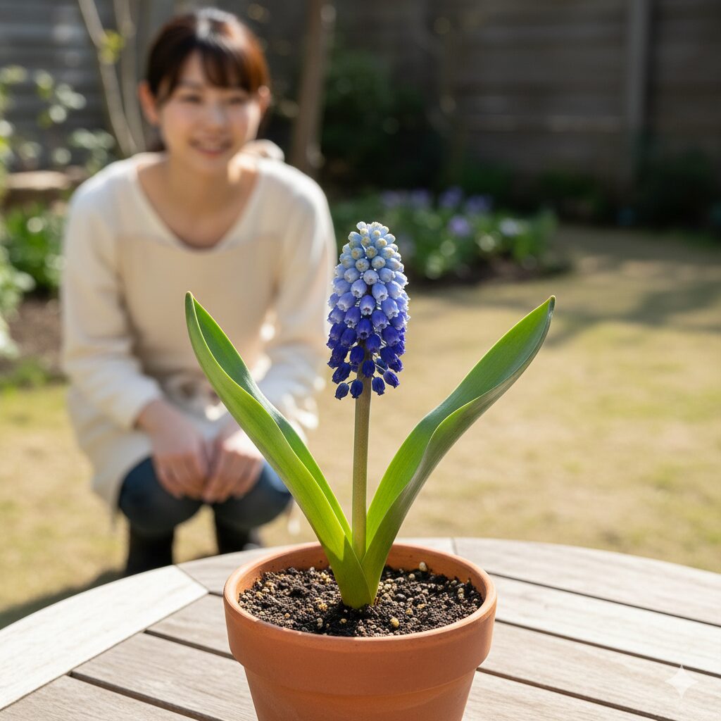ムスカリ 葉が長い6 幅広の葉が直立し倒伏しにくい品種ムスカリ・ラティフォリウムの花