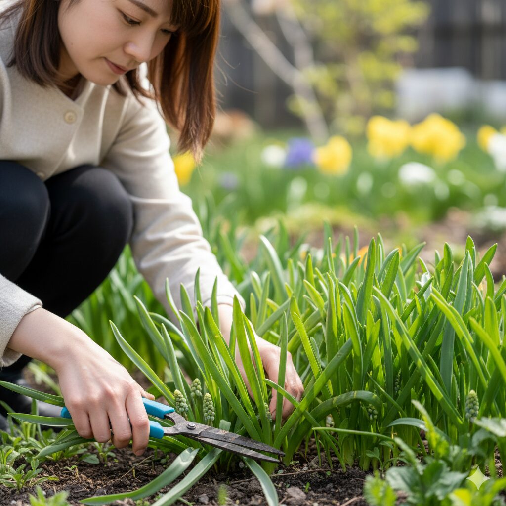 ムスカリ 葉が長い7 2月頃に伸びすぎたムスカリの長い葉をハサミで切り揃えるメンテナンス作業