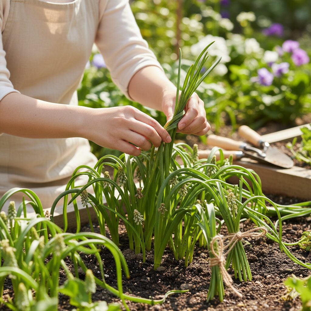 ムスカリ 葉が長い8 ムスカリの長い葉を三つ編み状にふんわりと結んで見た目を整えた様子