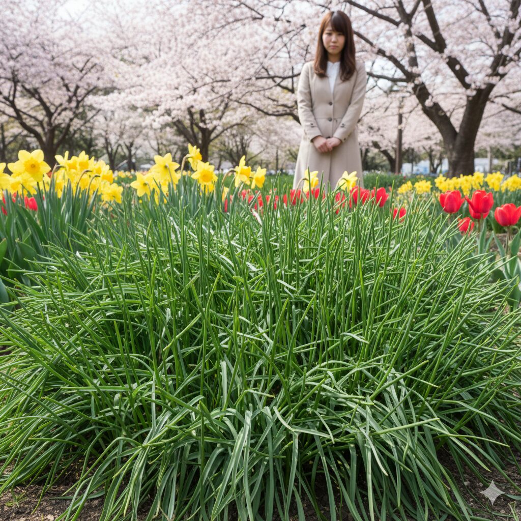 ムスカリ 葉っぱだけ1　春の庭で花が咲かず、葉っぱだけがニラのように伸びて茂っているムスカリの様子。