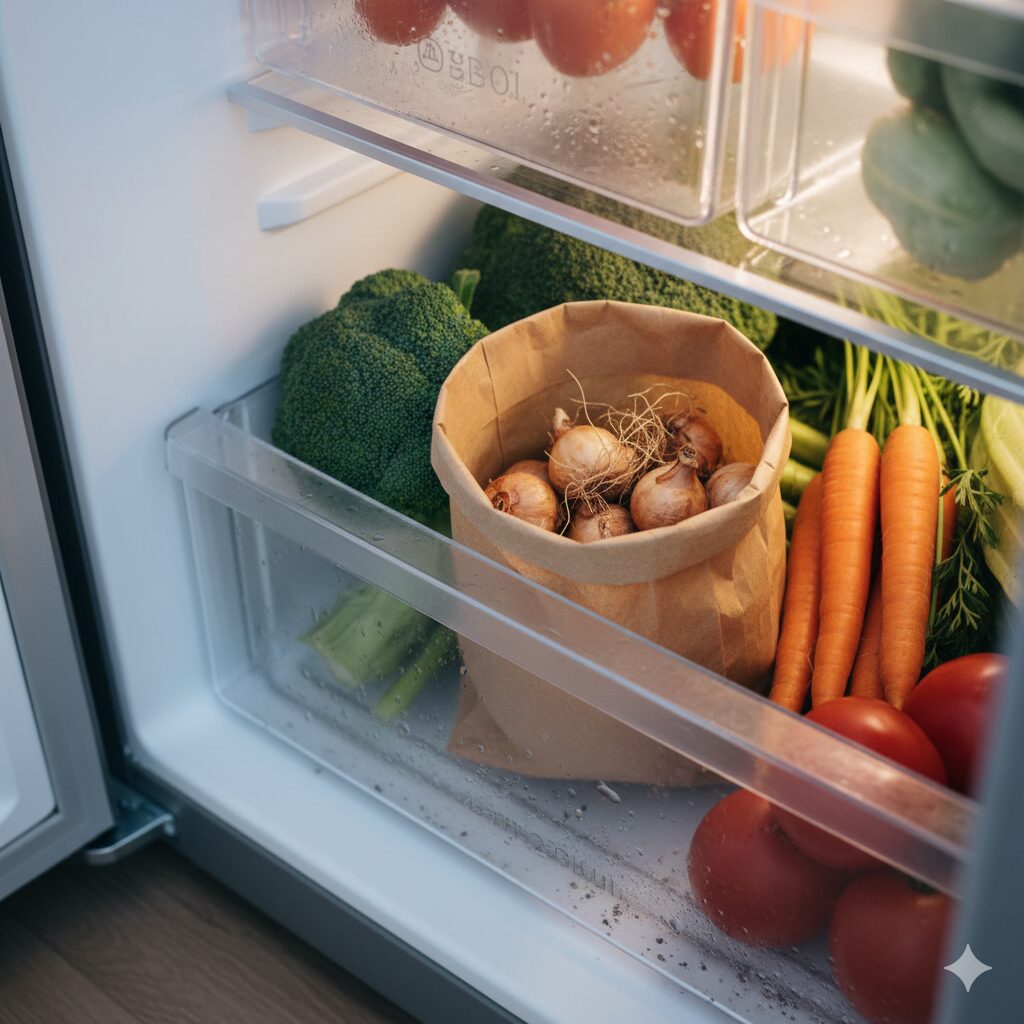 ムスカリ 葉っぱだけ10　水耕栽培の準備として、春化処理のために冷蔵庫の野菜室で寒冷刺激を与えられているムスカリの球根。