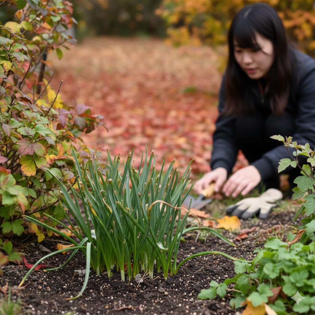 ムスカリ 葉っぱだけ3　秋に早植えしたため、冬になる前に葉が長く伸びてしまったムスカリの様子。
