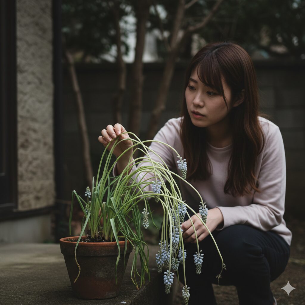 ムスカリ 葉っぱだけ4　日照不足により、光を求めて葉が細長く徒長してしまったムスカリの鉢植え。