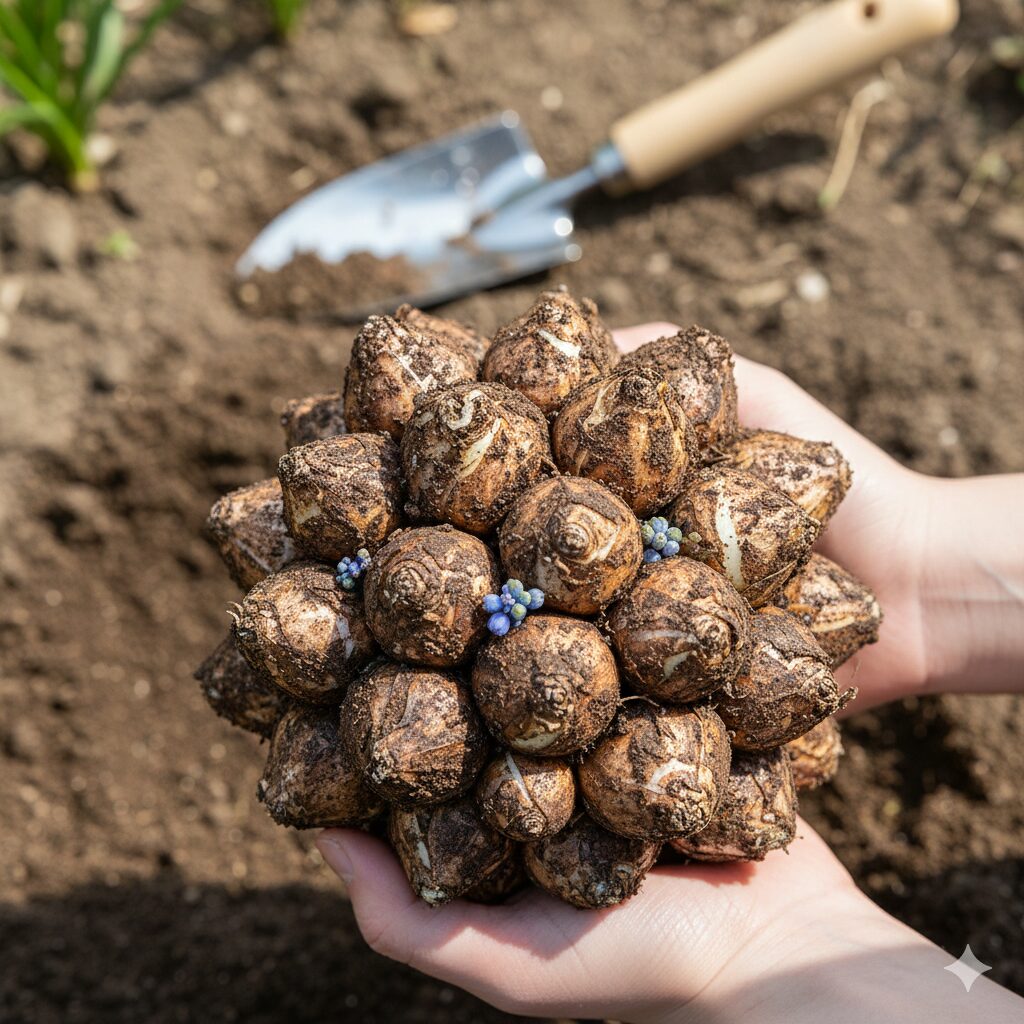 ムスカリ 葉っぱだけ5　数年間植えっぱなしにした結果、大小の球根が過密に密集して団子状になったムスカリの球根。