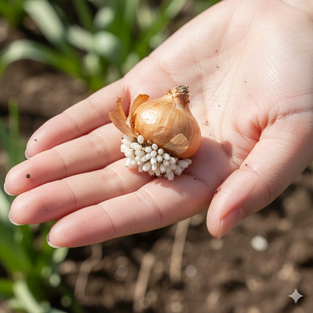 ムスカリ 葉っぱだけ6　大きな親球の周りに、花を咲かせる力のない小さな未熟な子球がたくさんついているムスカリの球根。