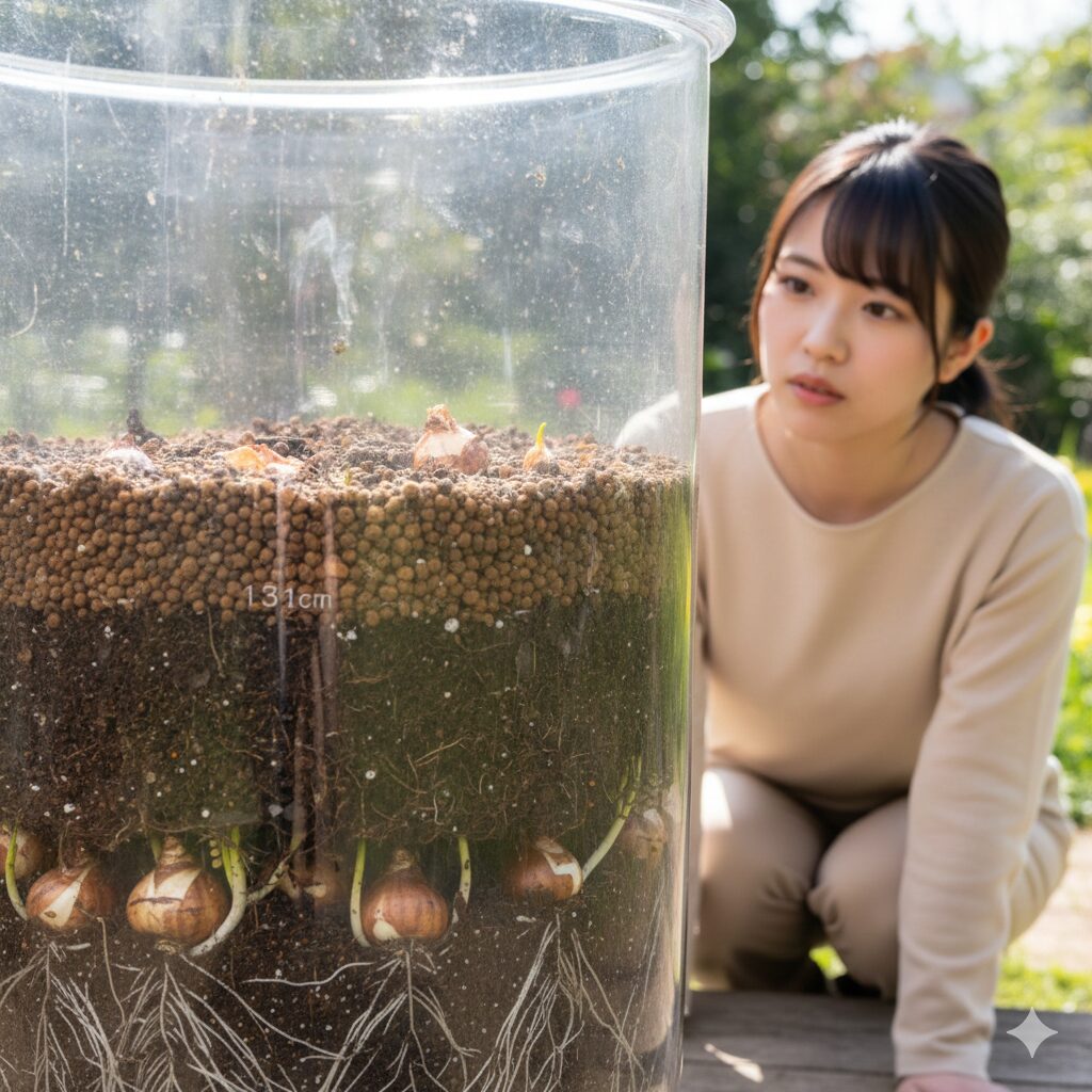 ムスカリ 葉っぱだけ7　葉の伸びを抑えるため、地表から球根3個分の深さ（約10cm）に深植えされたムスカリの断面写真。