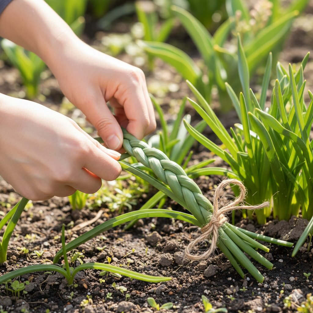 ムスカリ 葉っぱだけ8　花後に長く伸びたムスカリの葉を、美観と通気性を保つためにゆるく三つ編みにしている様子。