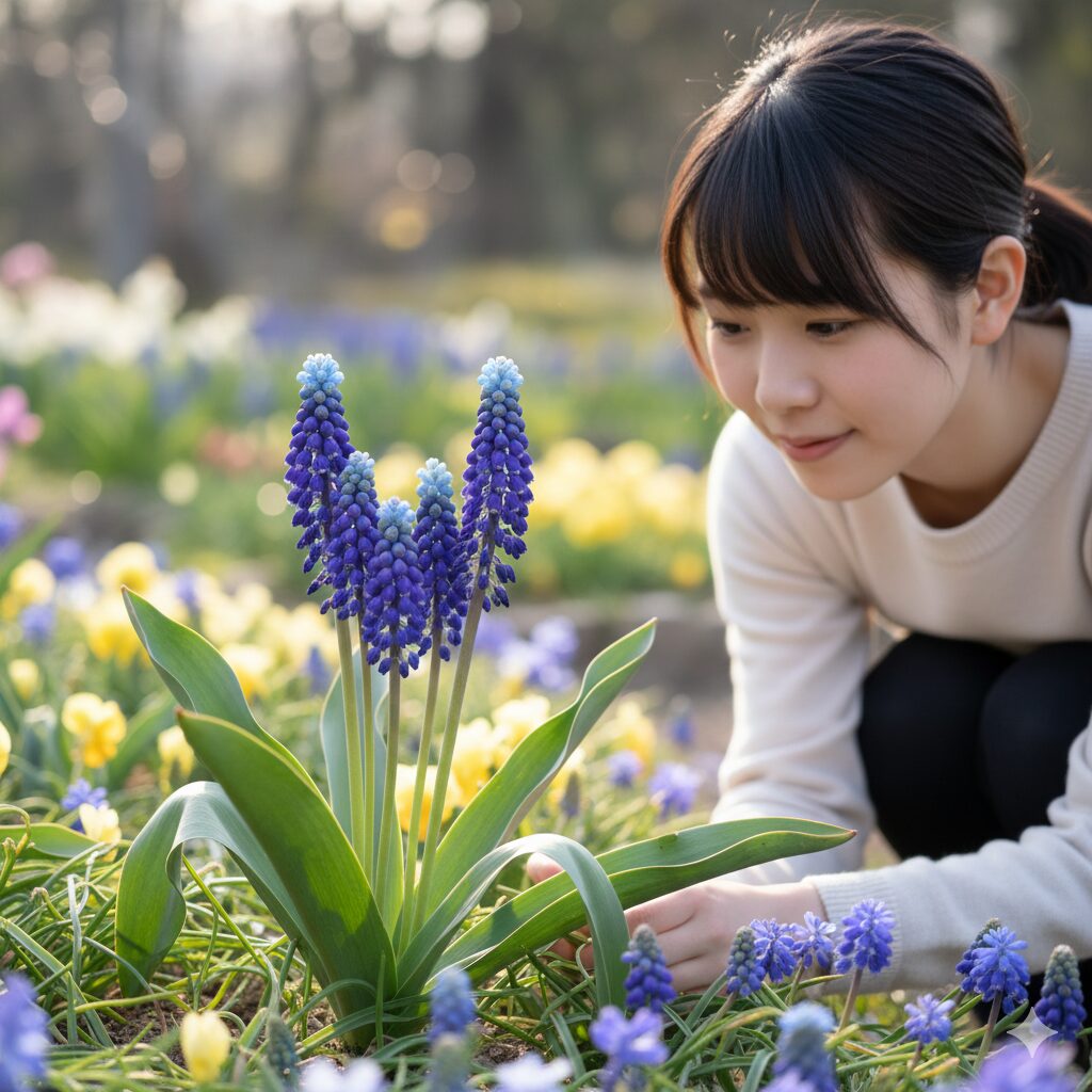 ムスカリ 葉っぱだけ9　幅広の葉が直立し、葉が伸びにくい品種「ムスカリ・ラティフォリウム」の開花写真。