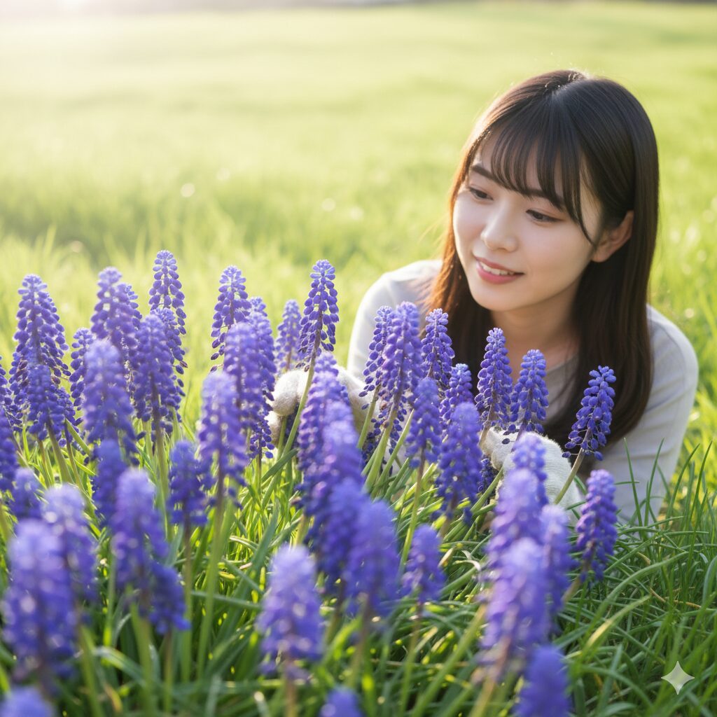 ムスカリ 開花時期1　春の庭を彩る鮮やかな青紫色のムスカリの花のクローズアップ
