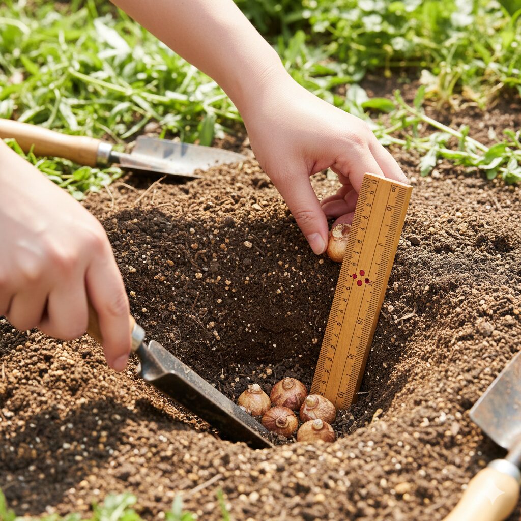 ムスカリ 開花時期3 ムスカリの球根を適切な深さで地植えする様子