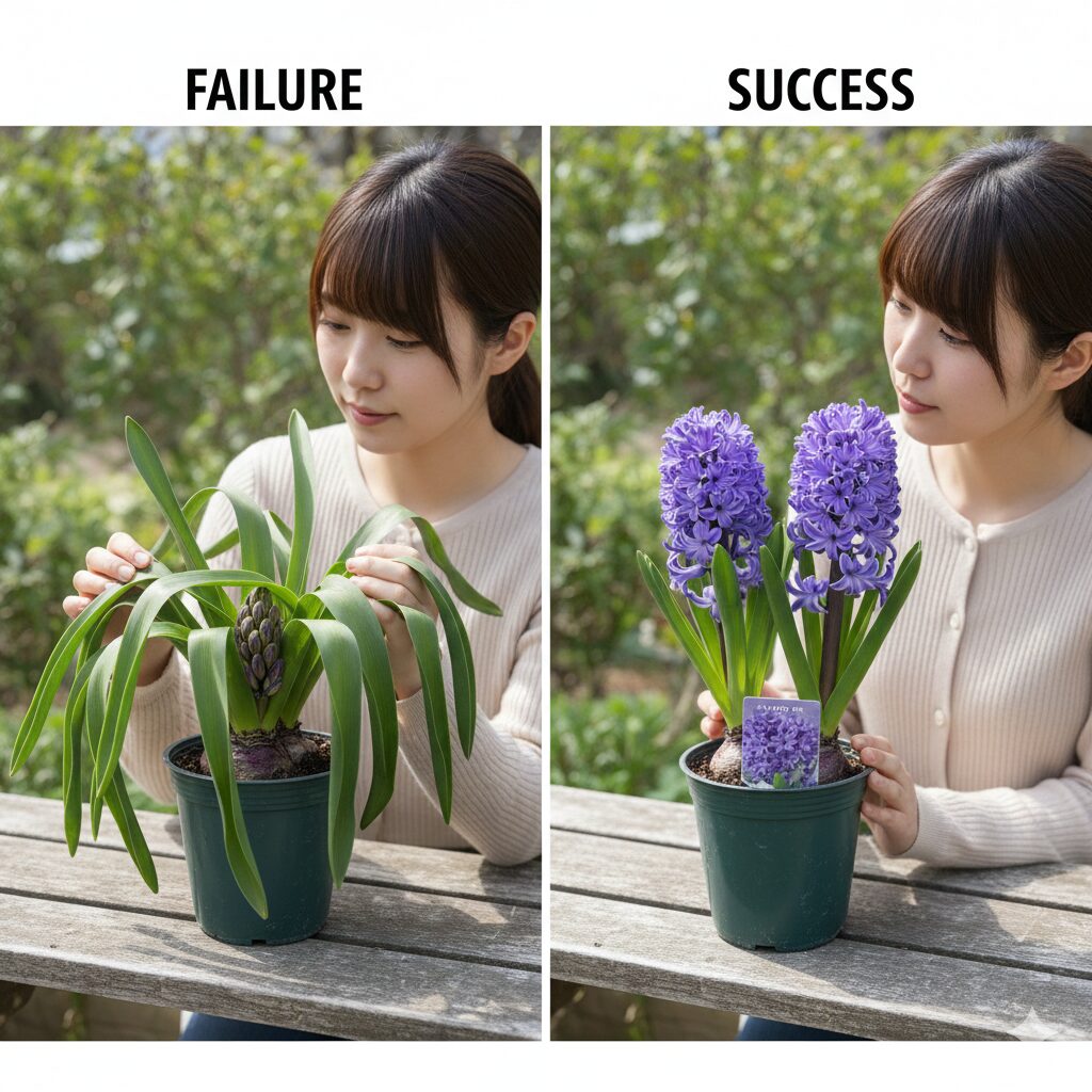 ムスカリ 開花時期4 植え付け時期の違いによるムスカリの葉の長さと草姿の比較