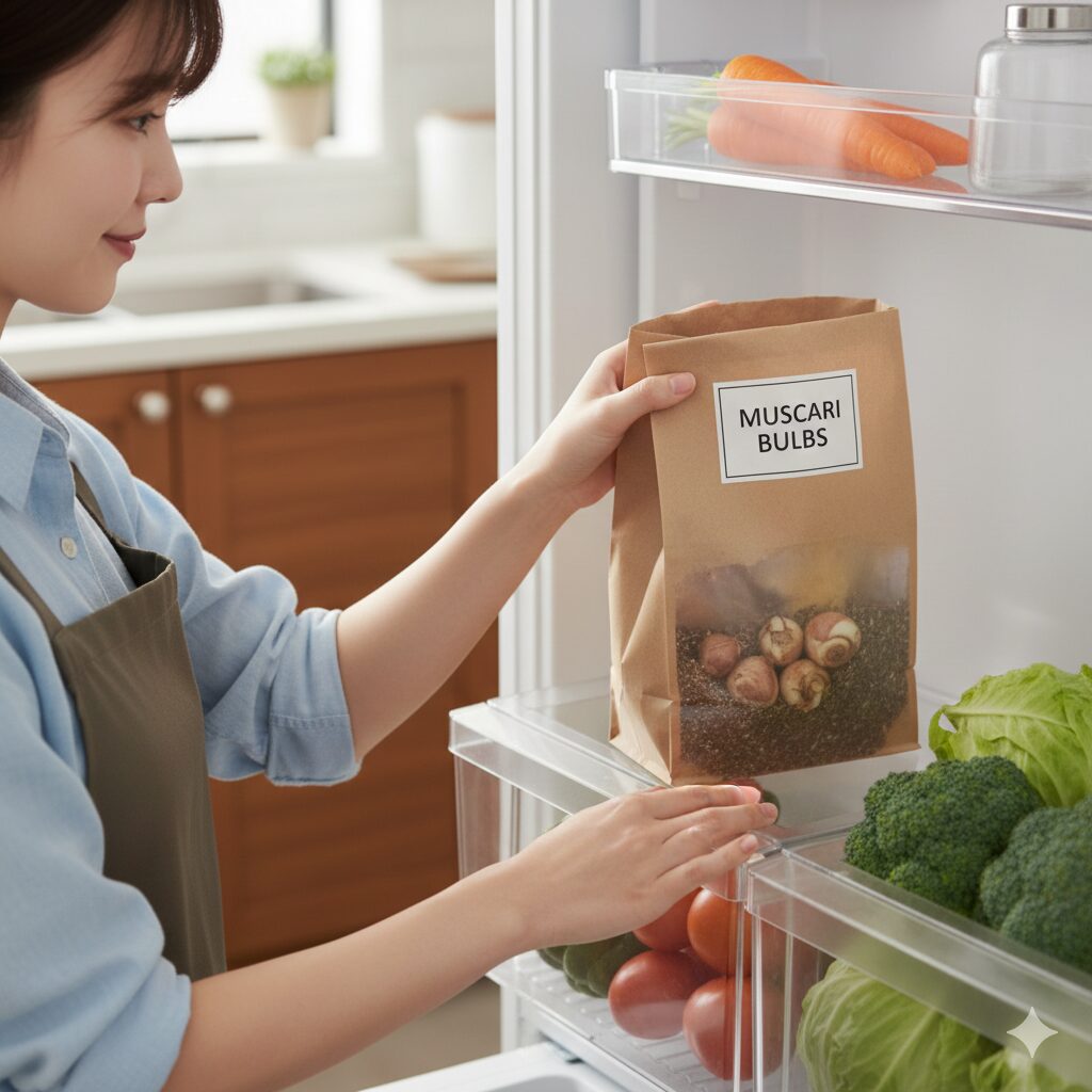 ムスカリ 開花時期5 冷蔵庫でムスカリの球根を低温処理して休眠打破させる様子