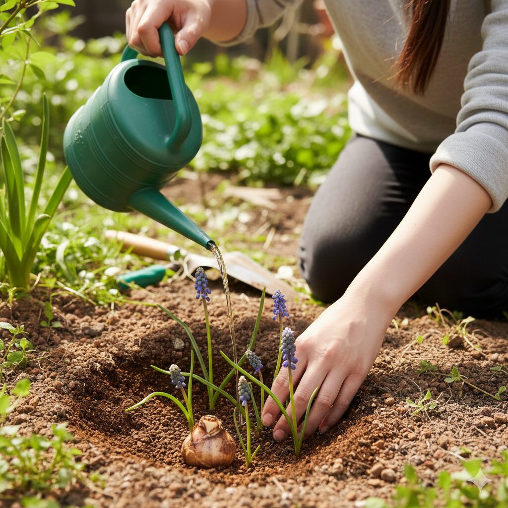 ムスカリ 開花時期6 開花後のムスカリにお礼肥として肥料を与えている様子