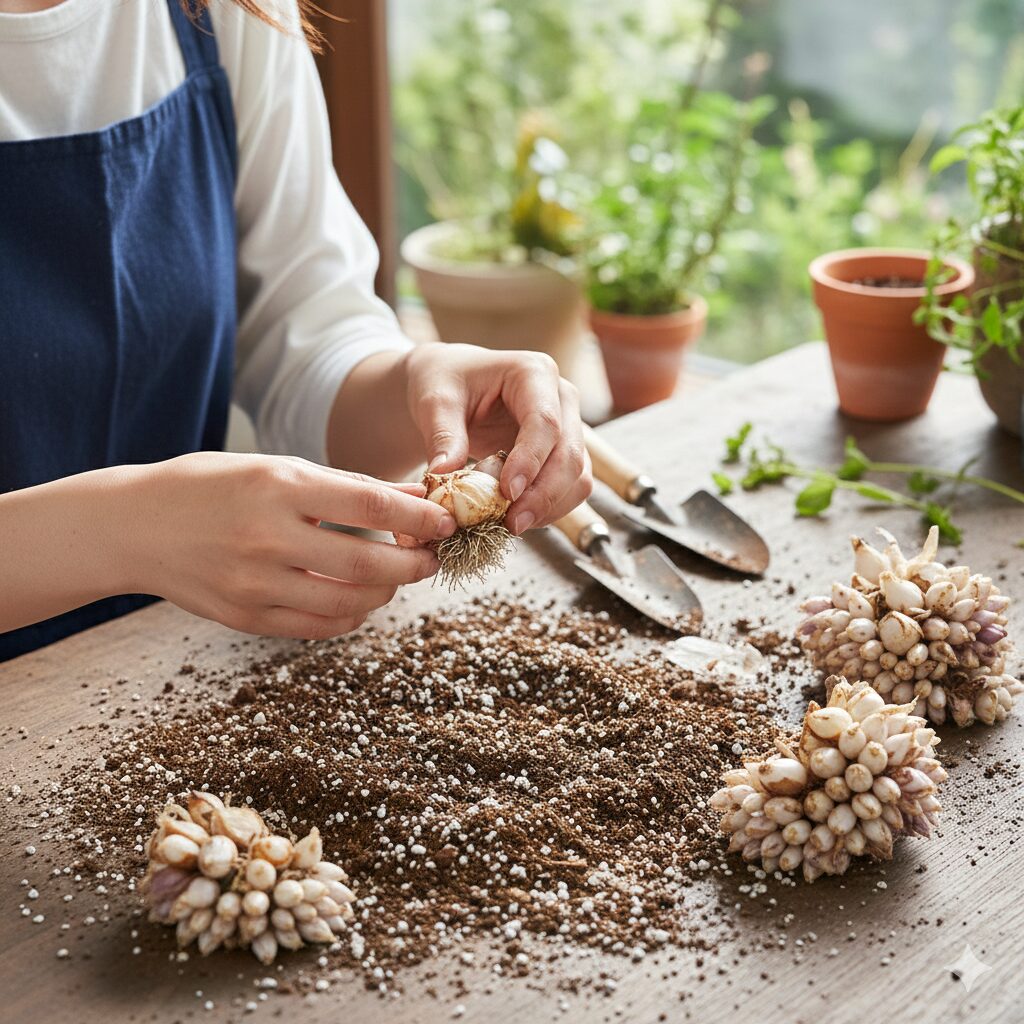 ムスカリ 開花時期7 掘り上げたムスカリの球根を分球してリフレッシュさせる作業