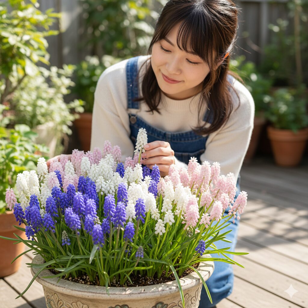 ムスカリ 開花時期8 青色、白色、ピンク色など多彩な種類のムスカリの寄せ植え