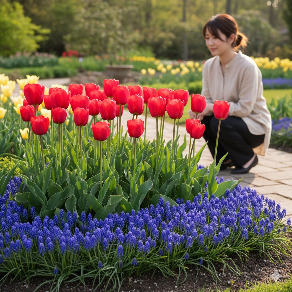 ムスカリ 開花時期9 赤いチューリップと青いムスカリを組み合わせた春の花壇デザイン