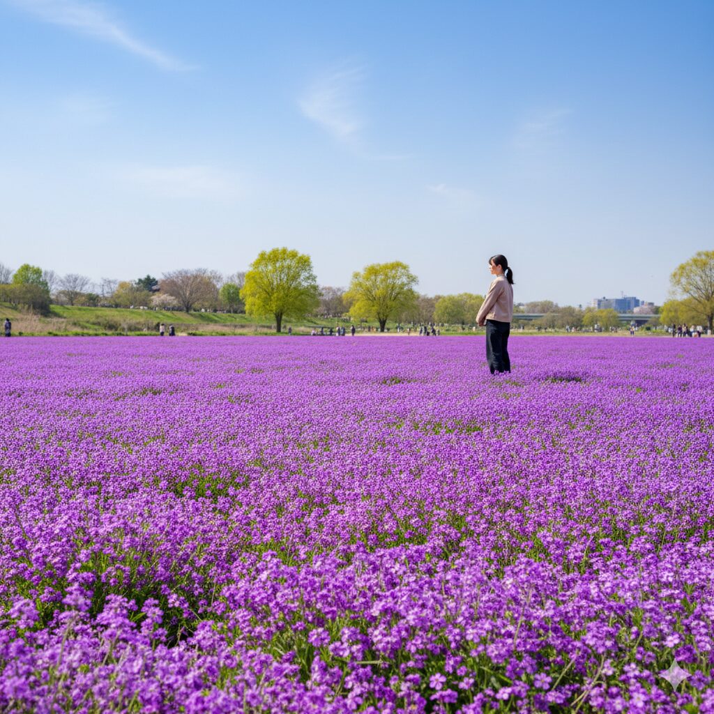 ムラサキハナナ 似た花1　春の河川敷を鮮やかな紫色で染めるムラサキハナナ（ショカツサイ）の群生