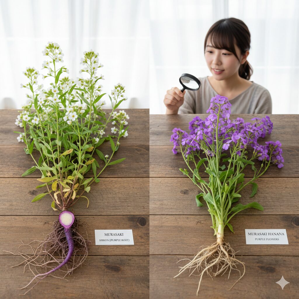 ムラサキハナナ 似た花10 絶滅危惧種のムラサキ(白花)とムラサキハナナ(紫花)の違いを比較する図解イメージ