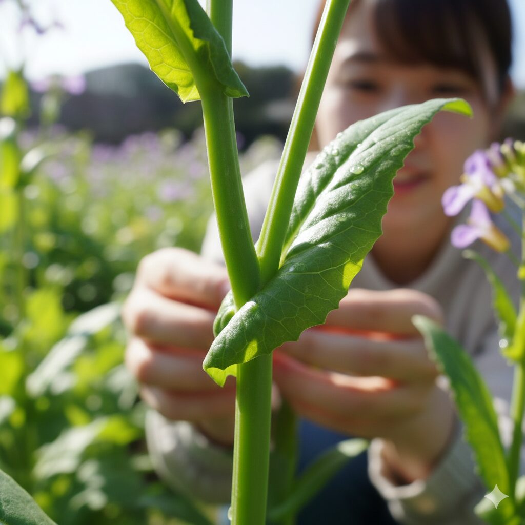 ムラサキハナナ 似た花2 ムラサキハナナの最大の特徴である茎を抱き込むような葉の付け根(抱茎)のアップ