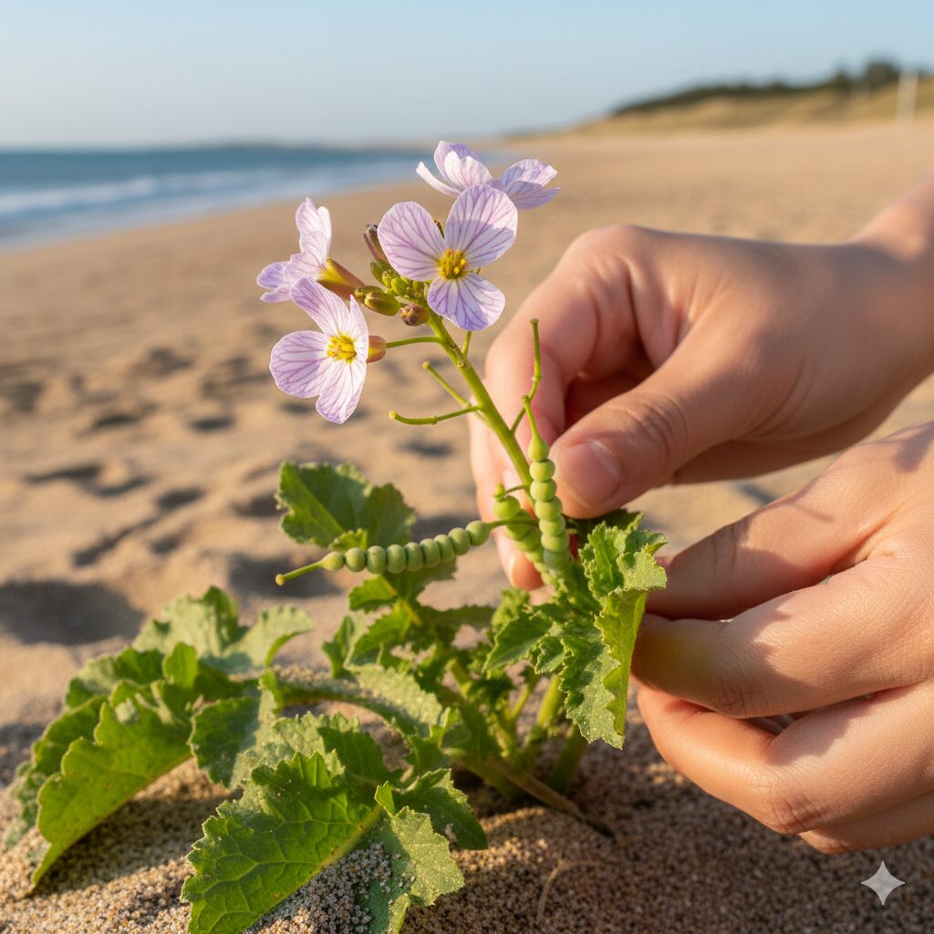 ムラサキハナナ 似た花6 花びらに紫色の脈が入り実が数珠状にくびれたハマダイコン