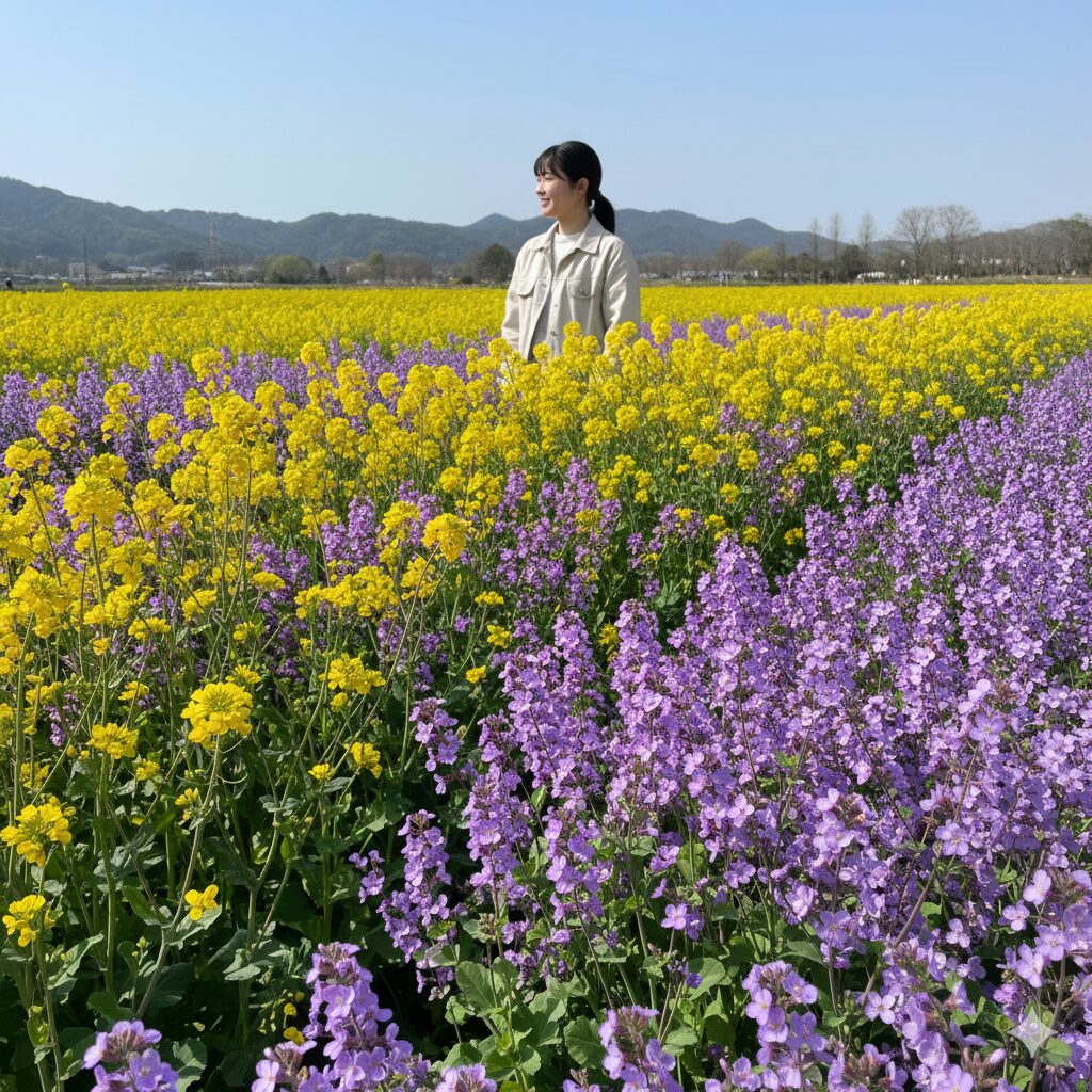 ムラサキハナナ 似た花7 黄色い菜の花と紫色のムラサキハナナが織りなす春の色彩のコントラスト