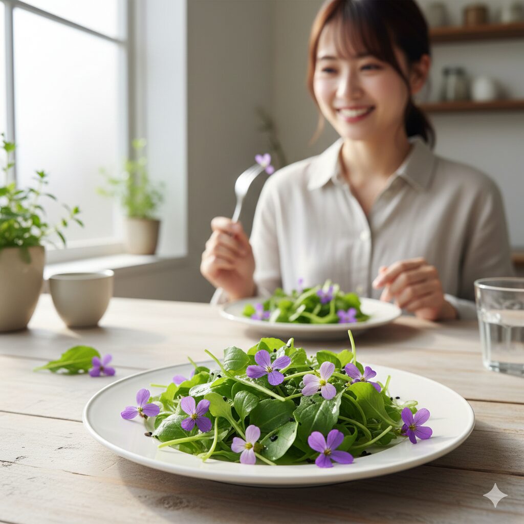 ムラサキハナナ 似た花9 春の食卓を華やかに彩るムラサキハナナの花と若葉のエディブルフラワーサラダ