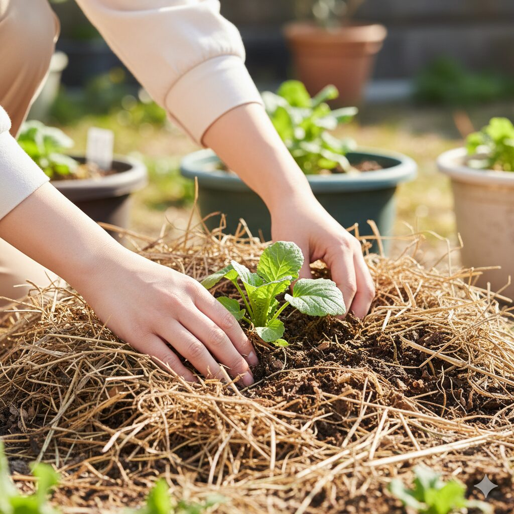 ムラサキハナナ 種まき 時期10　厳寒期の霜柱による浮き上がりを防ぐために施されたムラサキハナナの株元マルチング