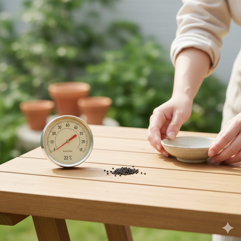ムラサキハナナ 種まき 時期2　ムラサキハナナの発芽に適した温度である20〜25度を示すガーデニング用温度計と種子のイメージ