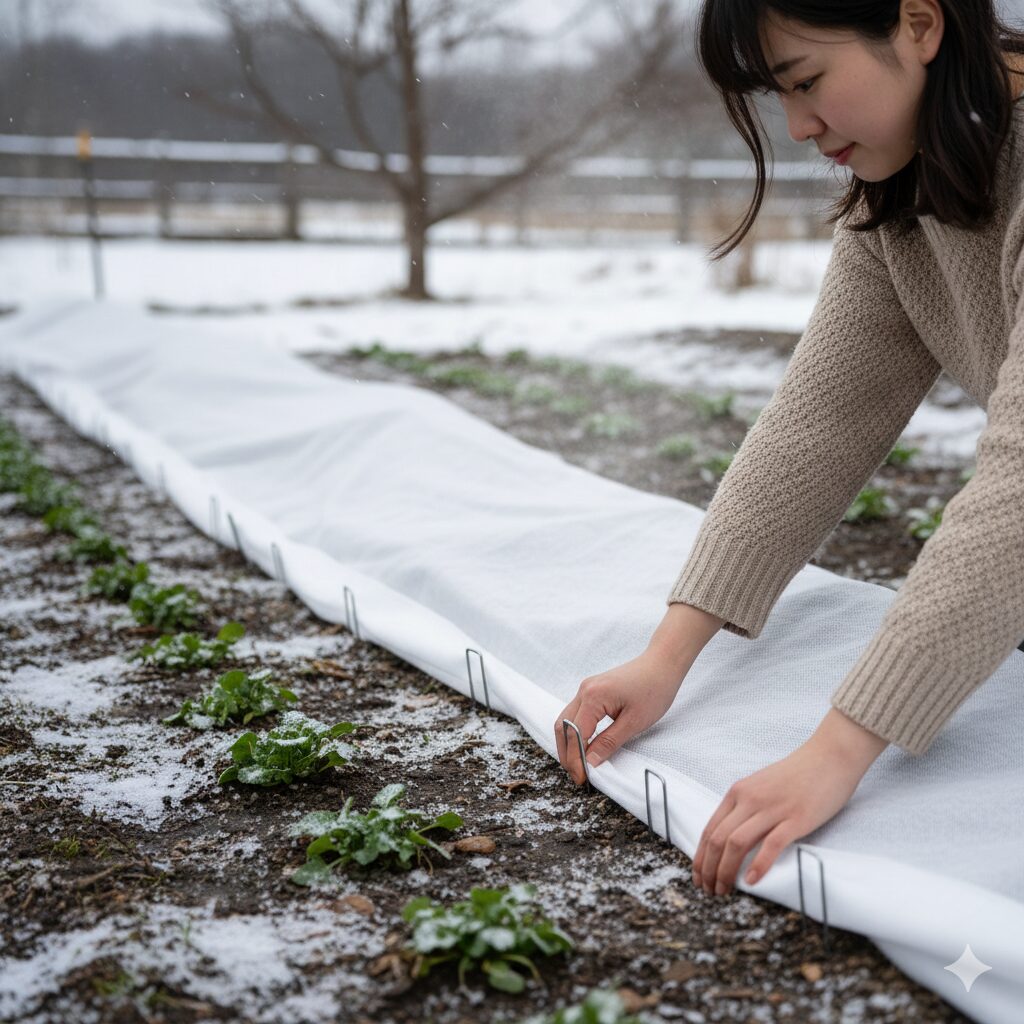 ムラサキハナナ 種まき 時期4　寒冷地の厳しい冬からムラサキハナナの苗を守るための不織布による防寒・保護対策