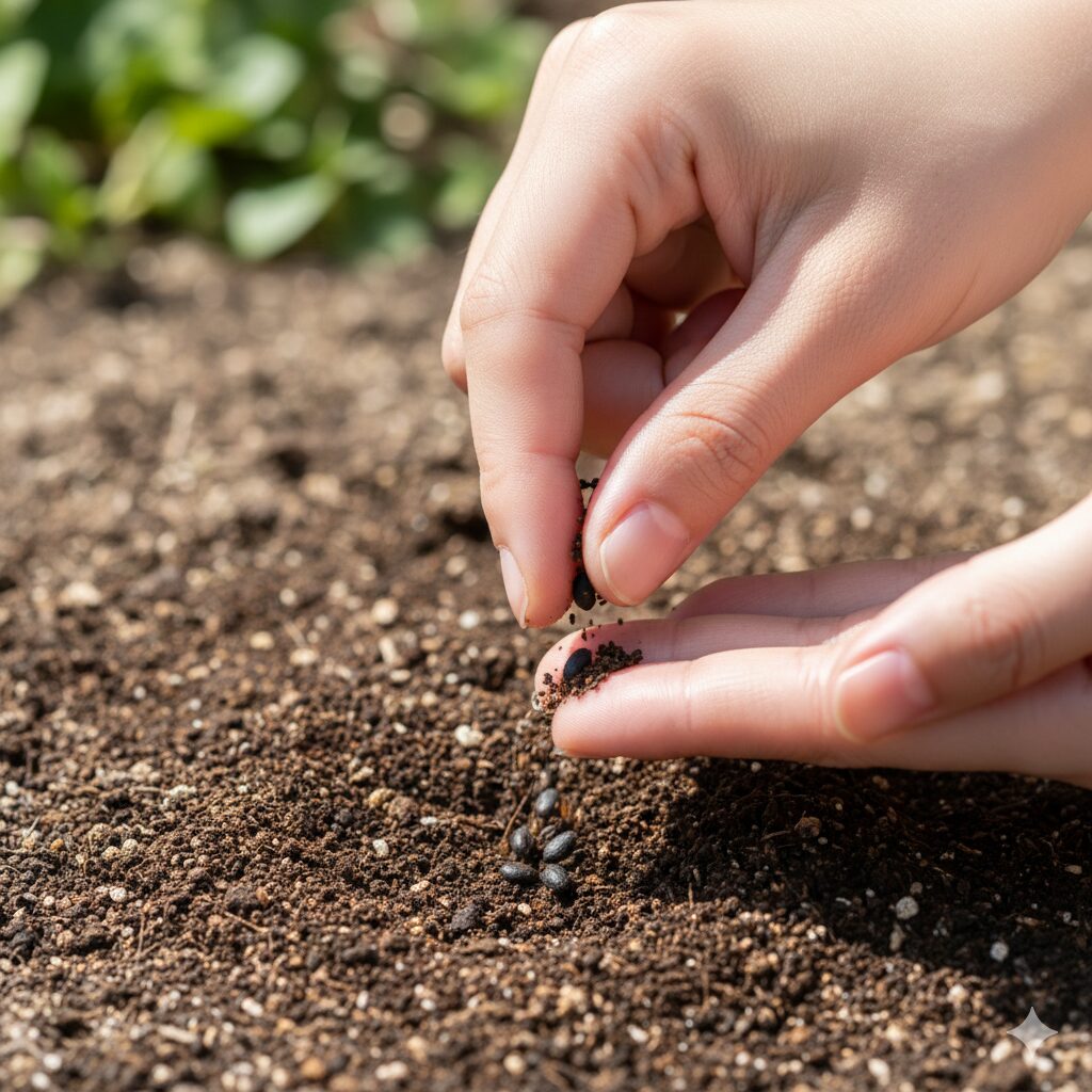 ムラサキハナナ 種まき 時期7　ムラサキハナナの種まきで発芽を促すための適切な薄い覆土（2mm程度）のやり方