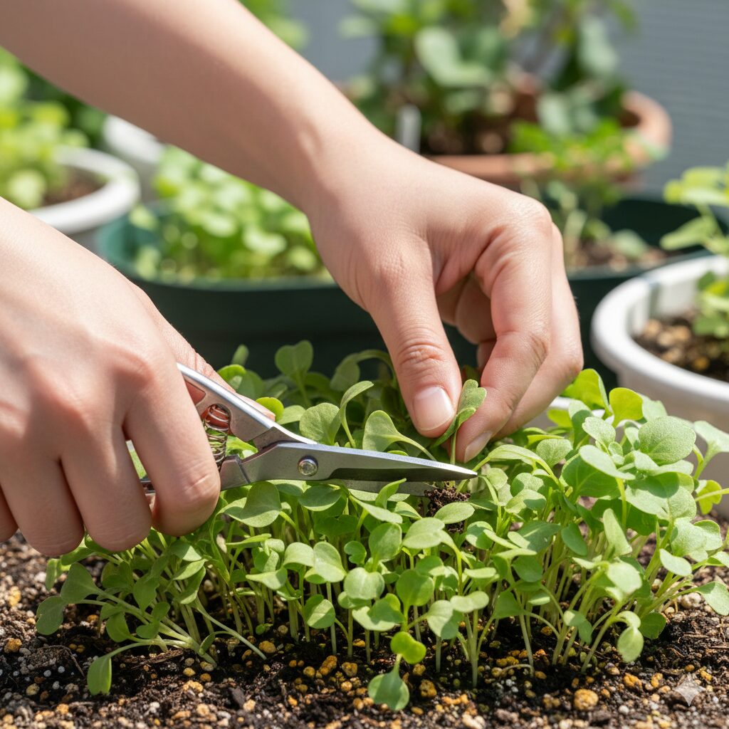 ムラサキハナナ 種まき 時期8　残す株の根を揺らさないようにハサミを使ってムラサキハナナを間引きするコツ