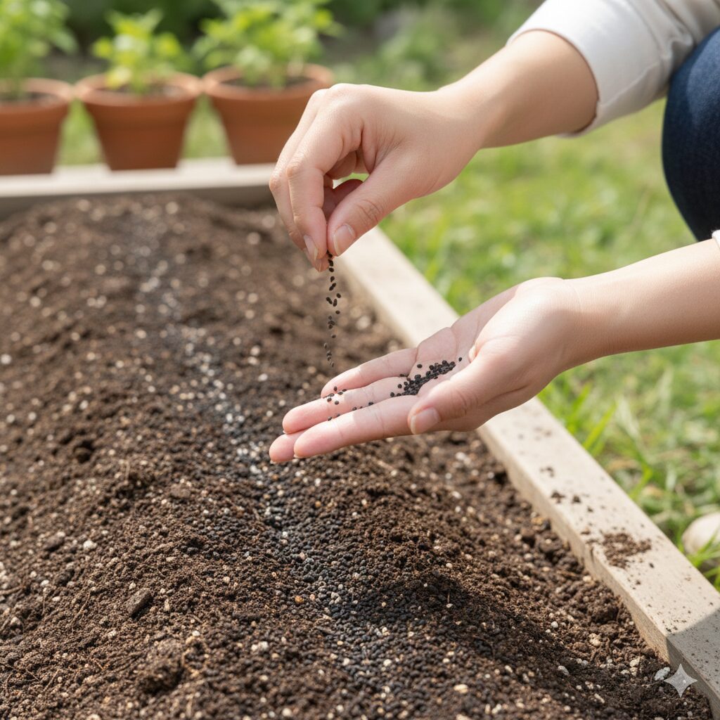 ムラサキハナナ 群生地10　秋の家庭菜園で、ムラサキハナナの種を土の上にパラパラとまいている様子。