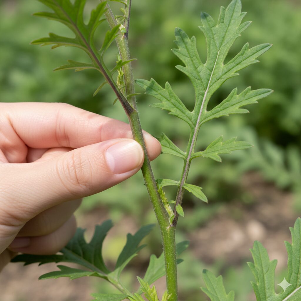 ムラサキハナナ 群生地2　ムラサキハナナの特徴である、茎を抱くように付く葉の付け根と深い切れ込みのある葉のクローズアップ。