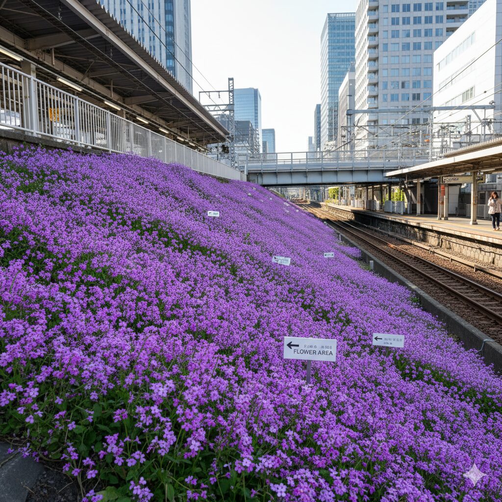 ムラサキハナナ 群生地4　JR四ツ谷駅のホーム脇土手を紫色に染めるムラサキハナナの野生的な群生と都会の風景。