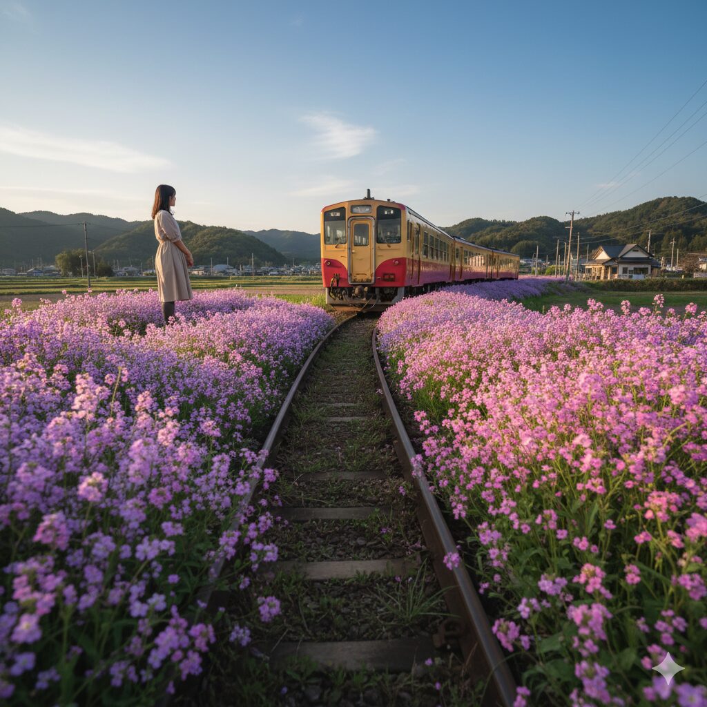 ムラサキハナナ 群生地6　ムラサキハナナと菜の花に囲まれた線路を走る小湊鉄道のレトロな車両。