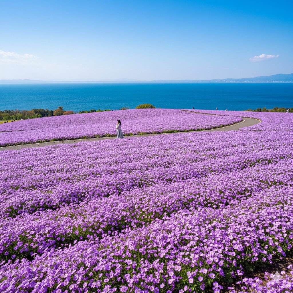 ムラサキハナナ 群生地7　あわじ花さじきの丘一面に咲くムラサキハナナの群生と背景に広がる大阪湾の絶景。