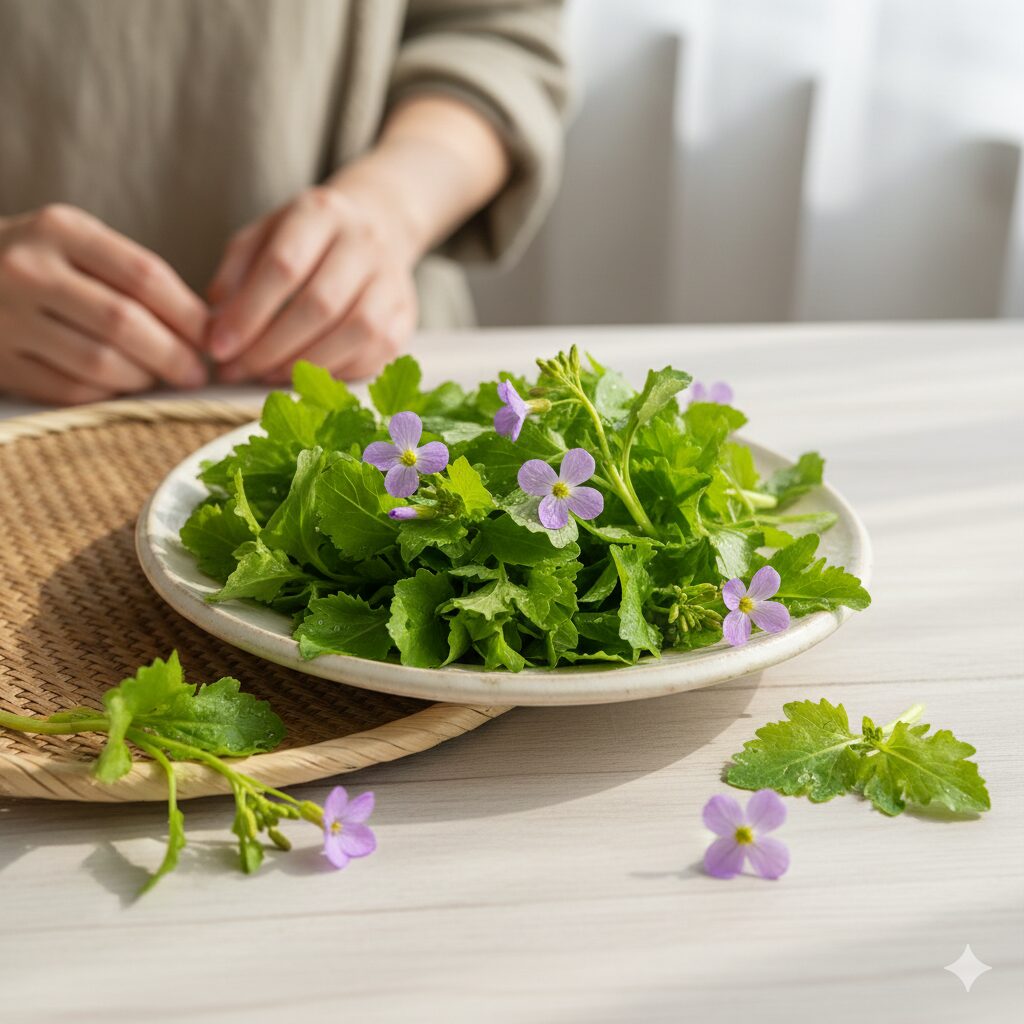 ムラサキハナナ 群生地8　食用として収穫された新鮮なムラサキハナナの若い葉と花。