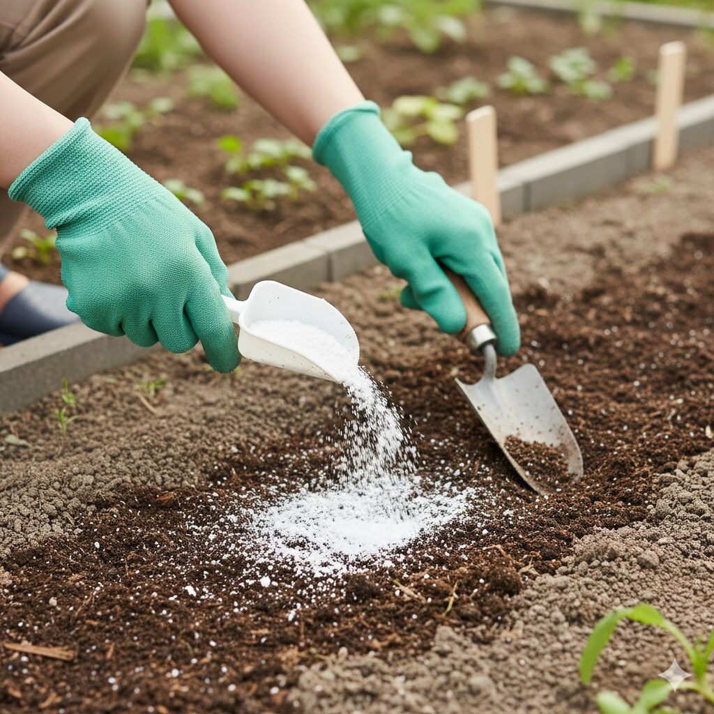 ムラサキハナナ 群生地9　ムラサキハナナの栽培に適した土を作るため、畑に苦土石灰を撒いて混ぜ合わせている作業の様子。
