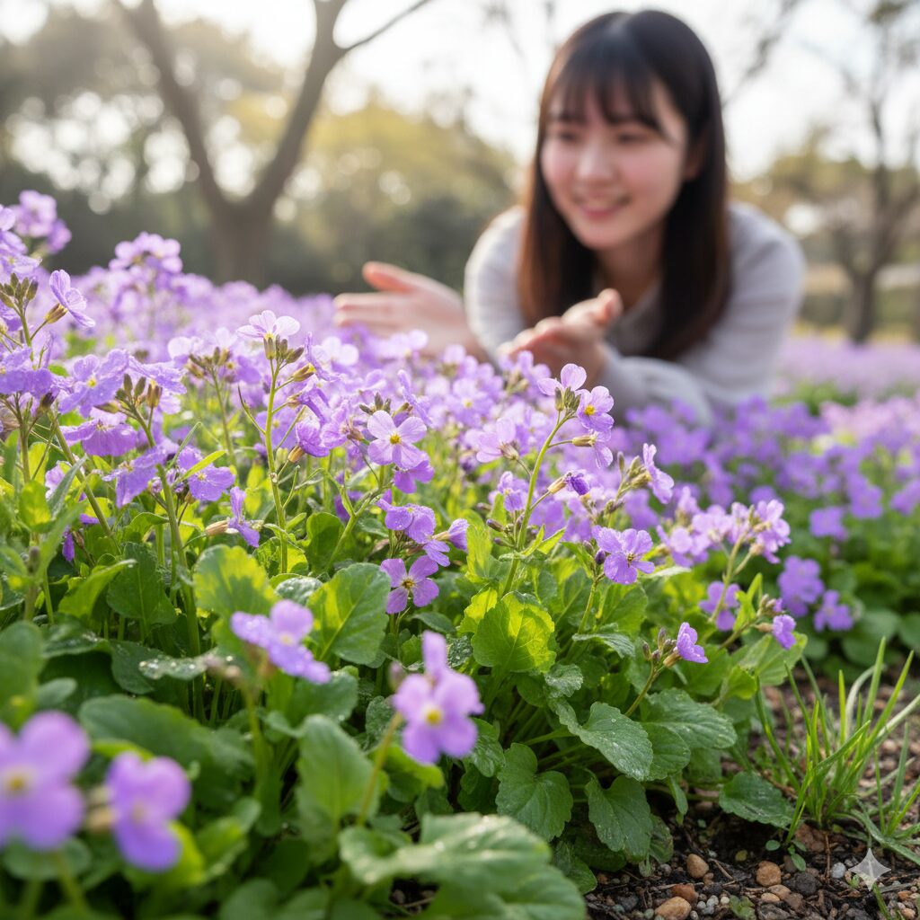 ムラサキハナナ 葉1　春の庭に咲き誇るムラサキハナナの鮮やかな紫色の花と健康的な緑色の葉